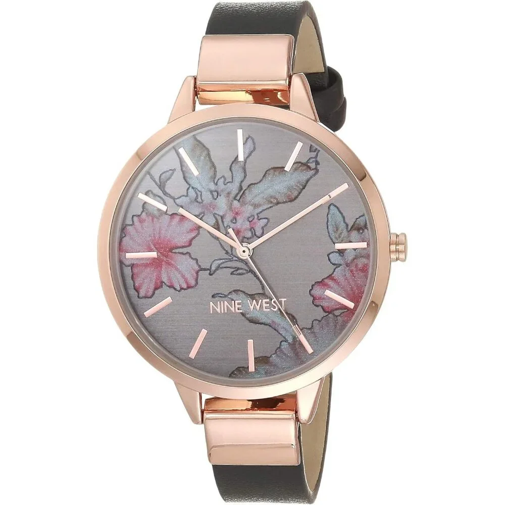 Women's Floral Gray/Rose Crystal Lens Smooth Leather Strap Buckle Closure Watch